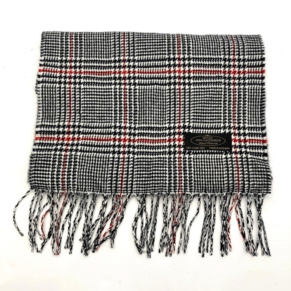 100% Cashmere Scarf Black White Red Glen Plaid Price of Wales Check Houndstooth
